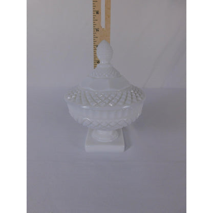 Vintage White Milk Glass Diamond Point Lidded Compote Pedestal Bowl Candy Dish