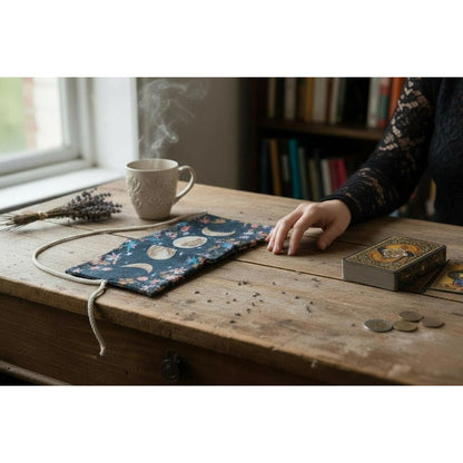 Celestial Moon Floral Tarot Card Holder Trifold Cord