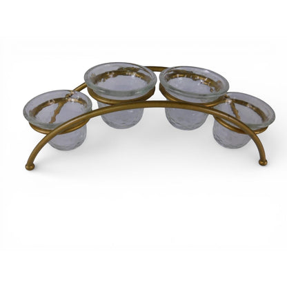 Unmarked Gold Metal Stand 4 Clear Glass Bowls Appetizer Condiment Server Set