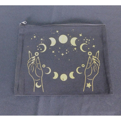 Moon Phase Black Canvas Zipper Pouch 9"x7" Mystical Hand Celestial