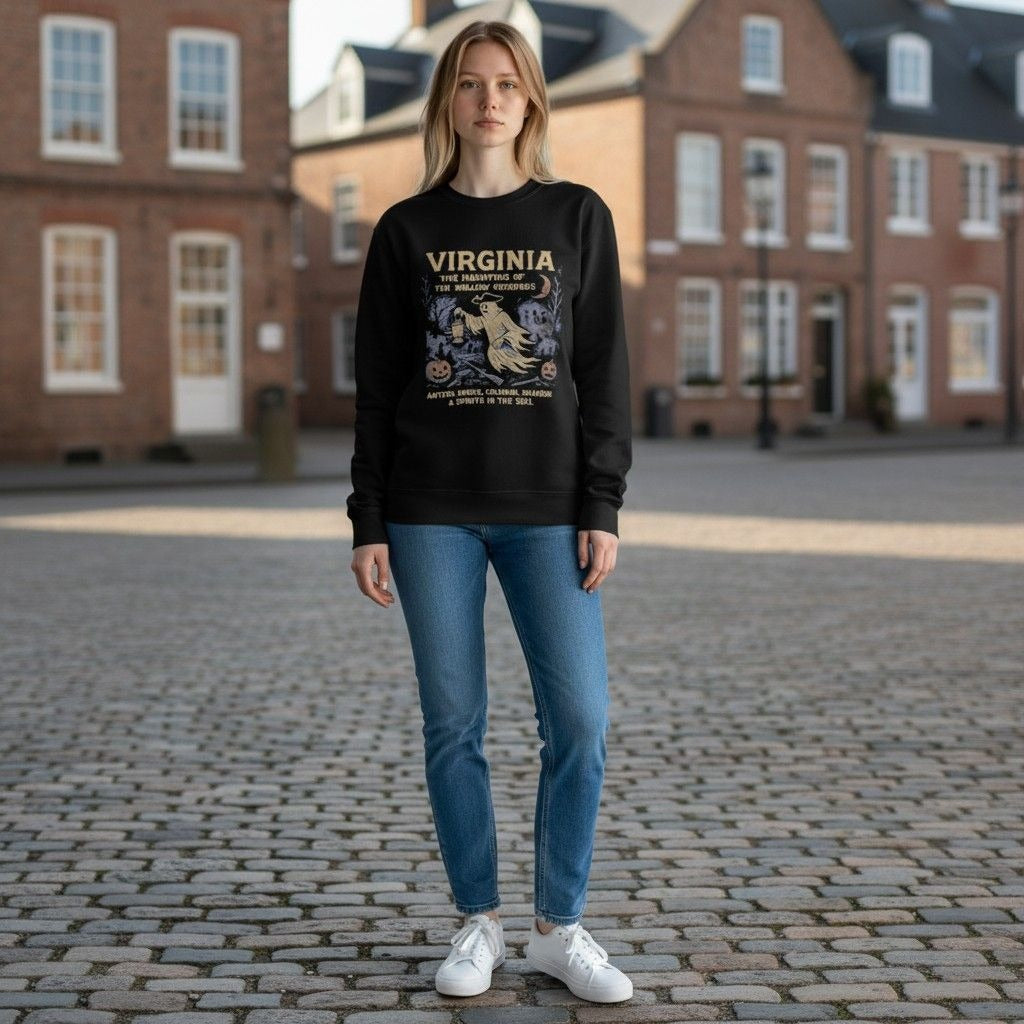 Virginia Halloween Ghost Sweatshirt The Haunting Of The Hollow Grounds Lantern Smoke Colonial Shadows Black Pullover