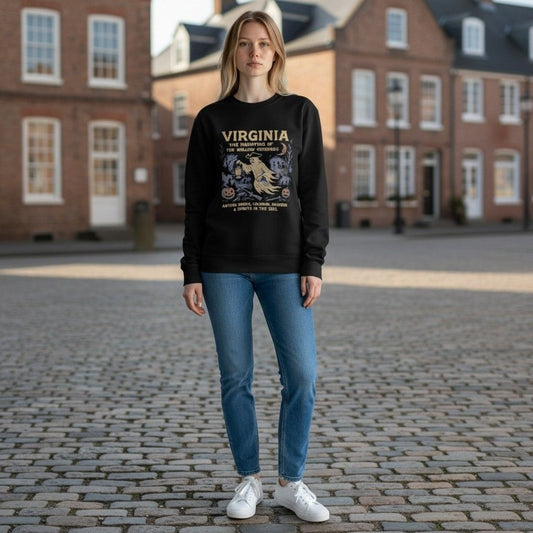 Virginia Halloween Ghost Sweatshirt The Haunting Of The Hollow Grounds Lantern Smoke Colonial Shadows Black Pullover