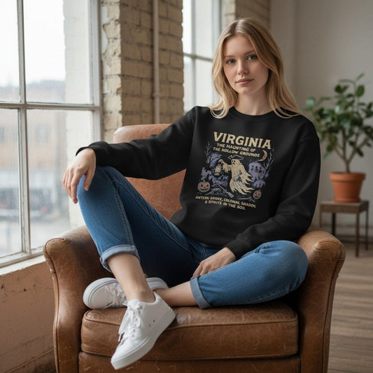 Virginia Halloween Ghost Sweatshirt The Haunting Of The Hollow Grounds Lantern Smoke Colonial Shadows Black Pullover