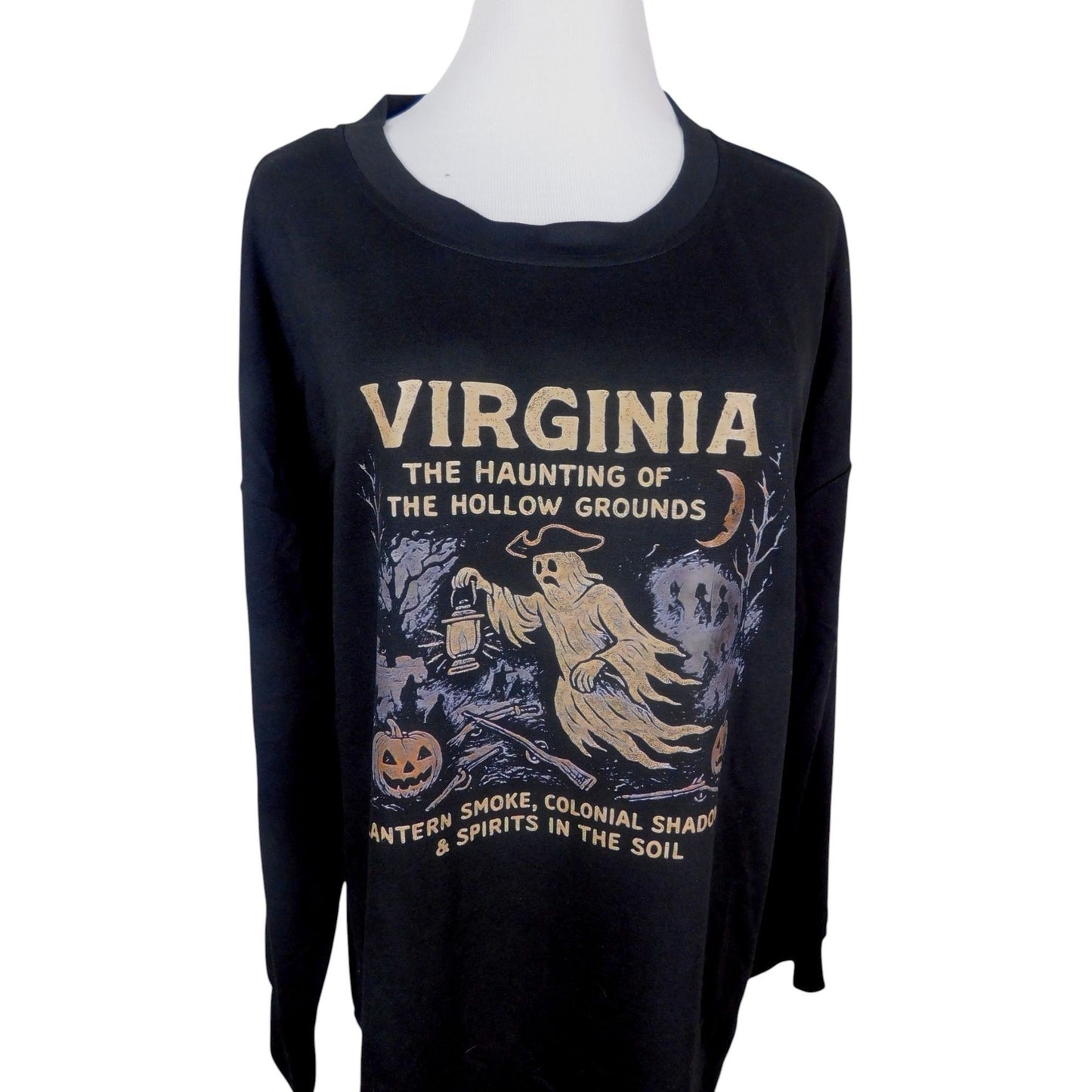 Virginia Halloween Ghost Sweatshirt The Haunting Of The Hollow Grounds Lantern Smoke Colonial Shadows Black Pullover