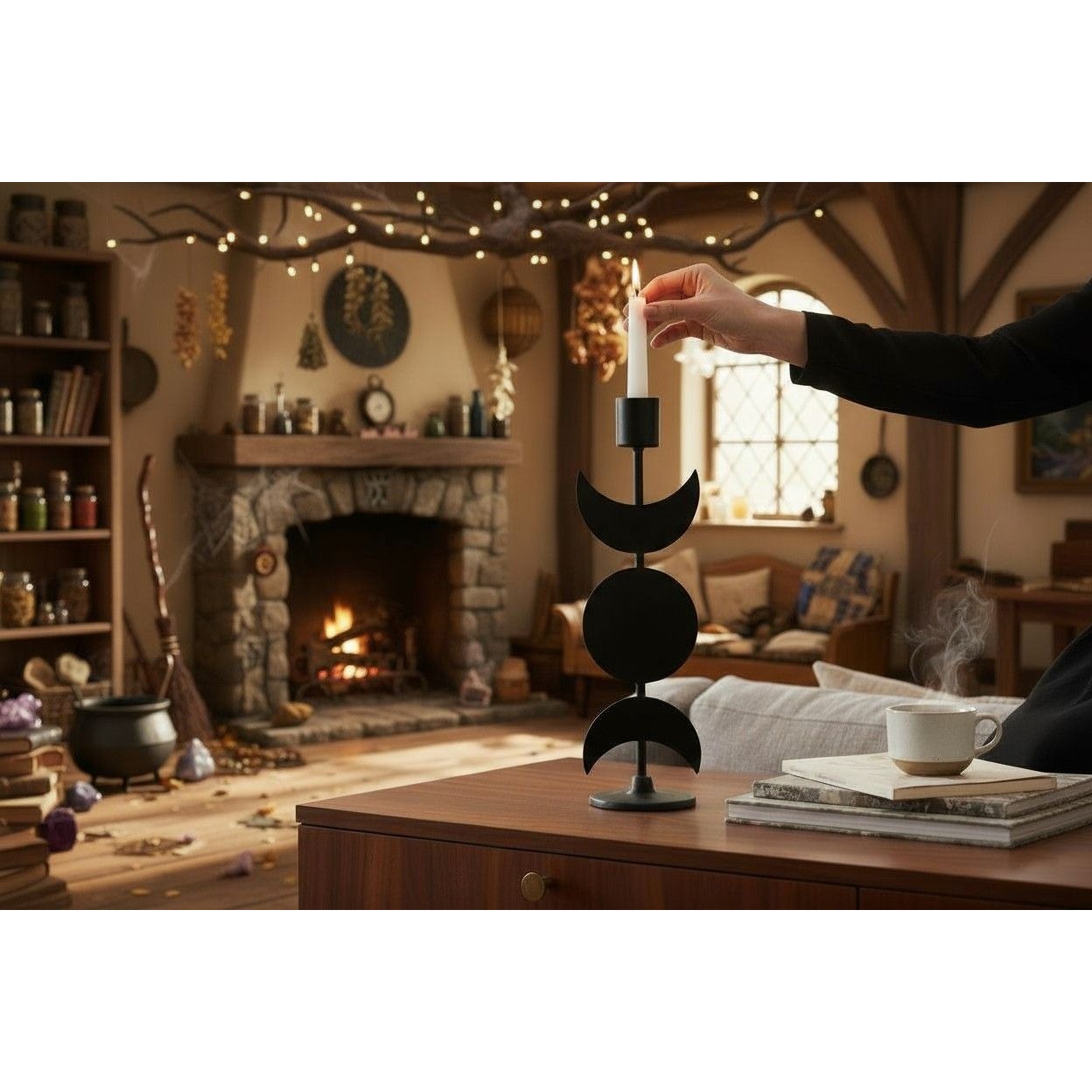 Triple Goddess Moon Metal Candle Holder Gothic 12in