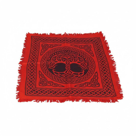 Celtic Red Tree Of Life Altar Cloth 18x18 - Fringed Cotton Tapestry - New