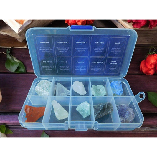 Gemstone Healing Crystals Set With Storage Box - 10 Pieces Of Amazonite Clear Quartz Rose Quartz & More - The Power Of Stone