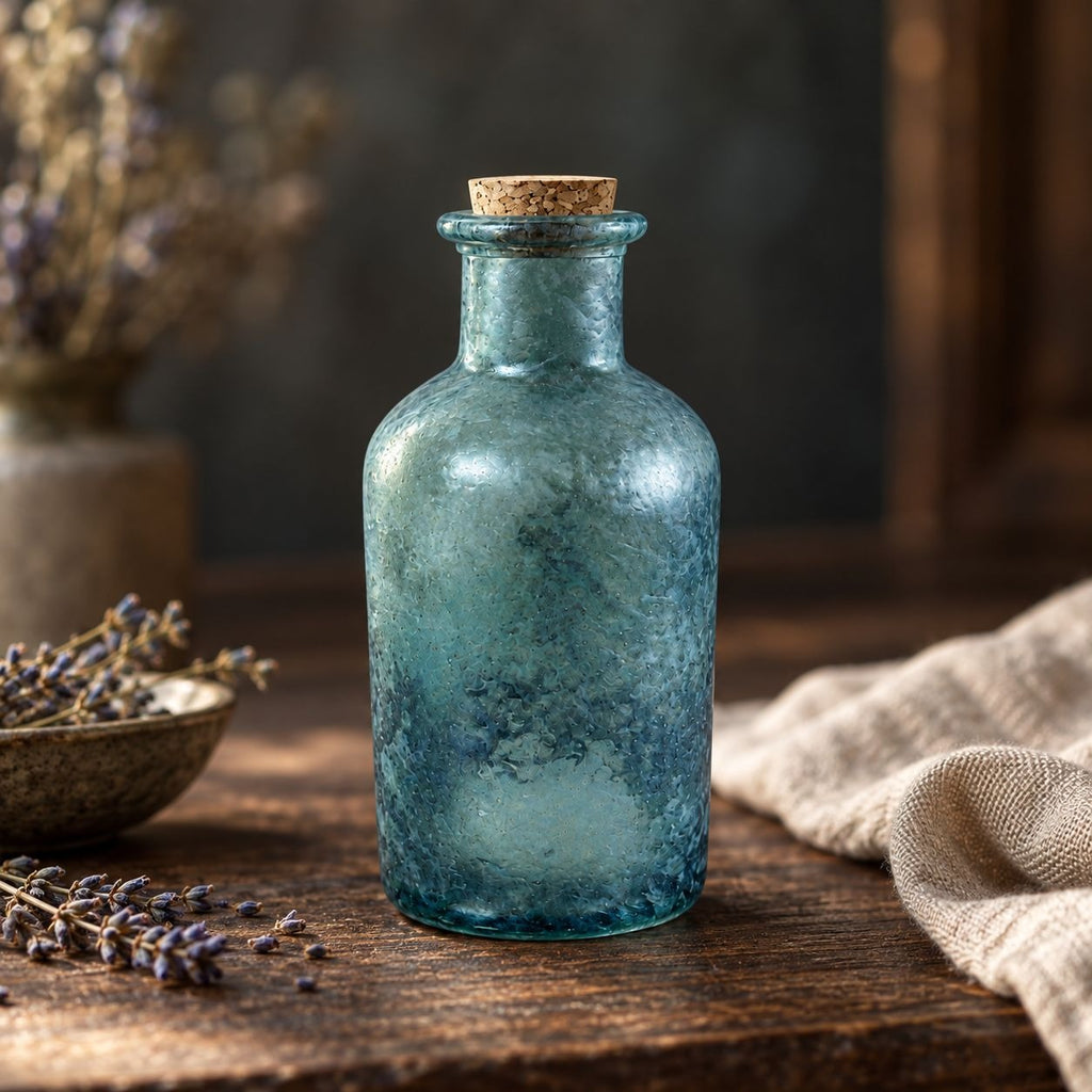 Six inch blue textured glass apothecary bottle with cork stopper on a wooden table