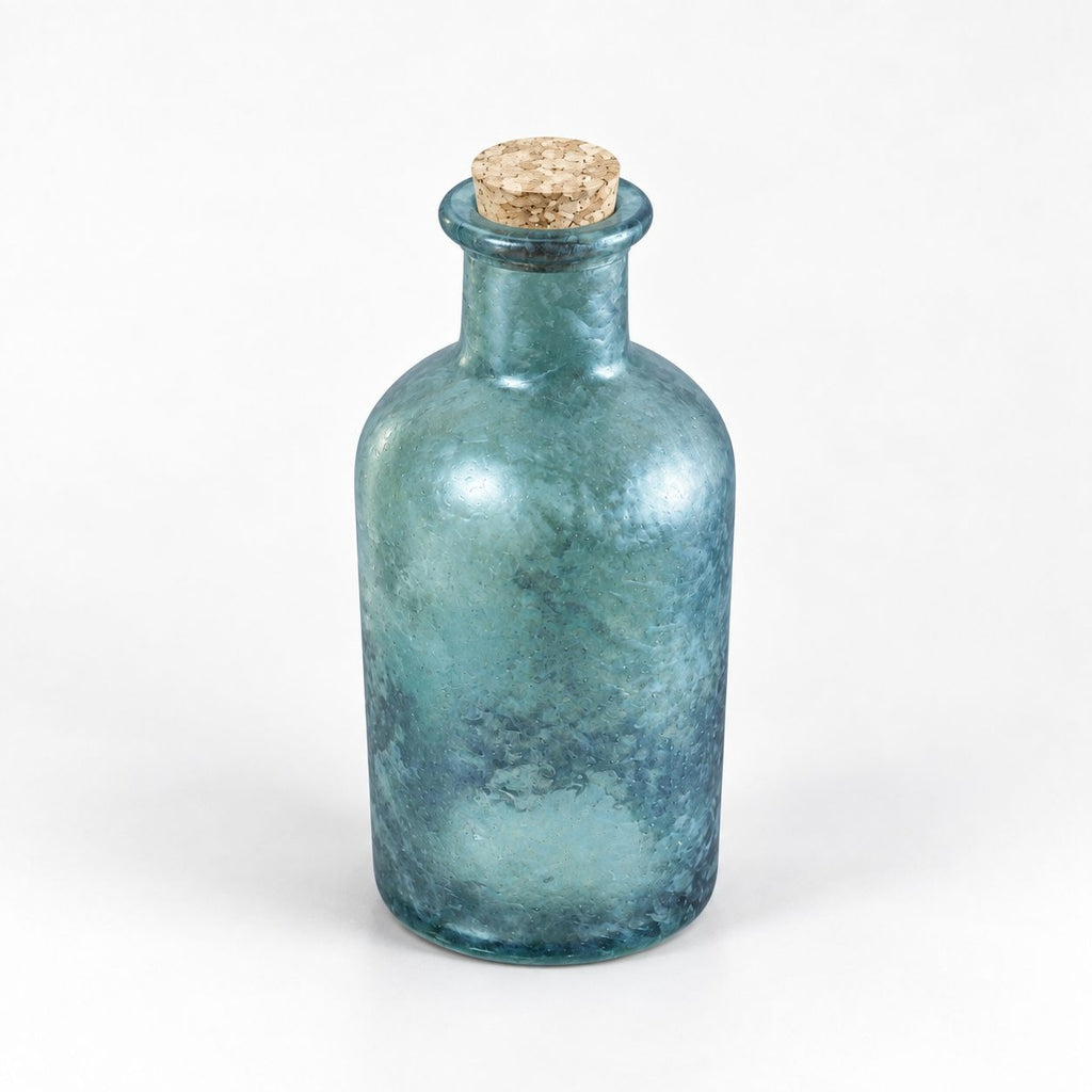 Six inch blue glass apothecary bottle with a cork stopper