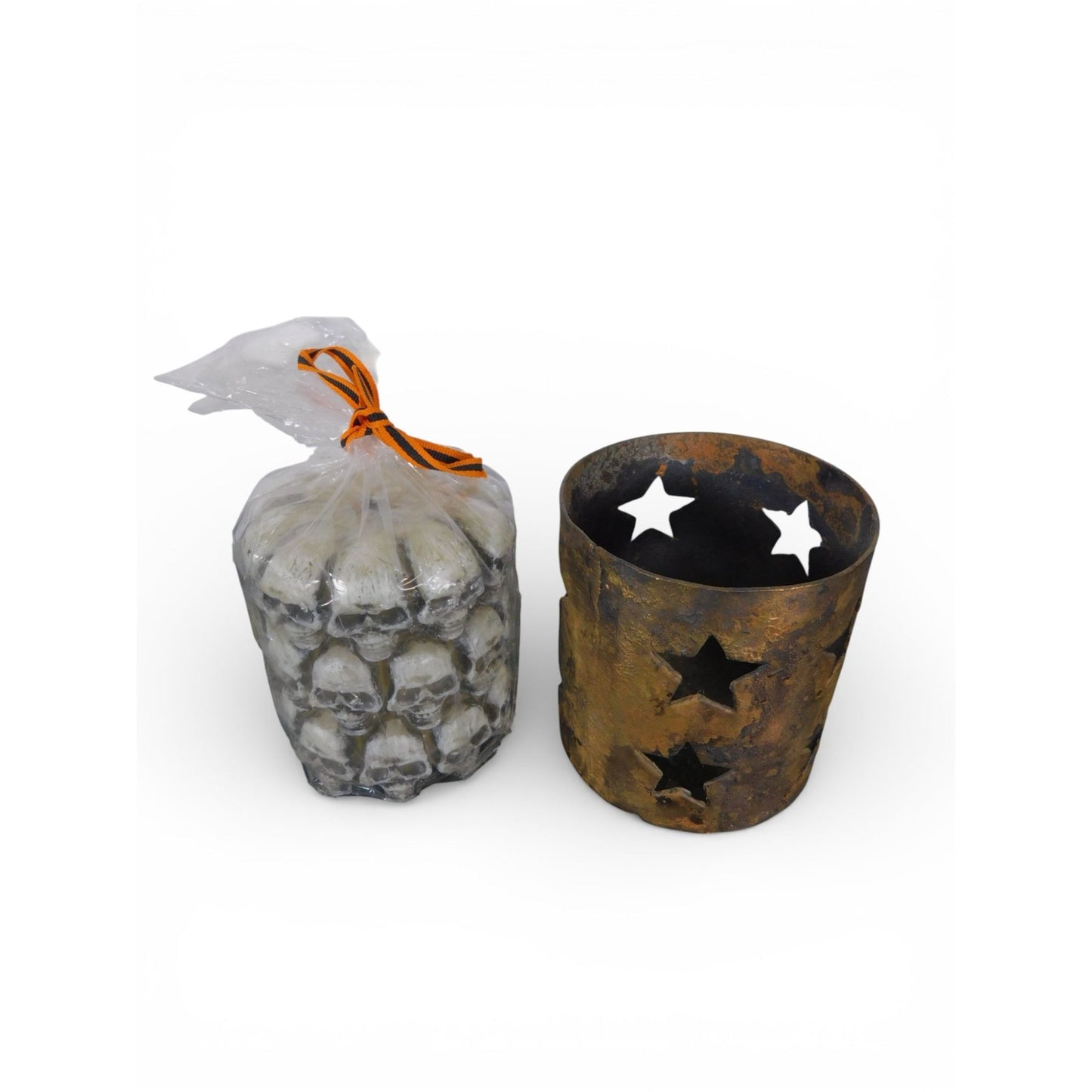 Vintage Rustic Metal Star Luminary Candle Holder w Skull Candles