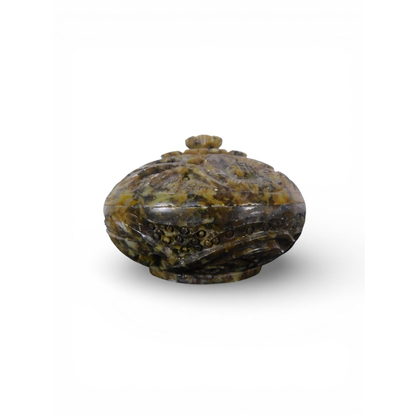 Chinese Soapstone Pill Box Carved Floral Lidded Vintage Stone