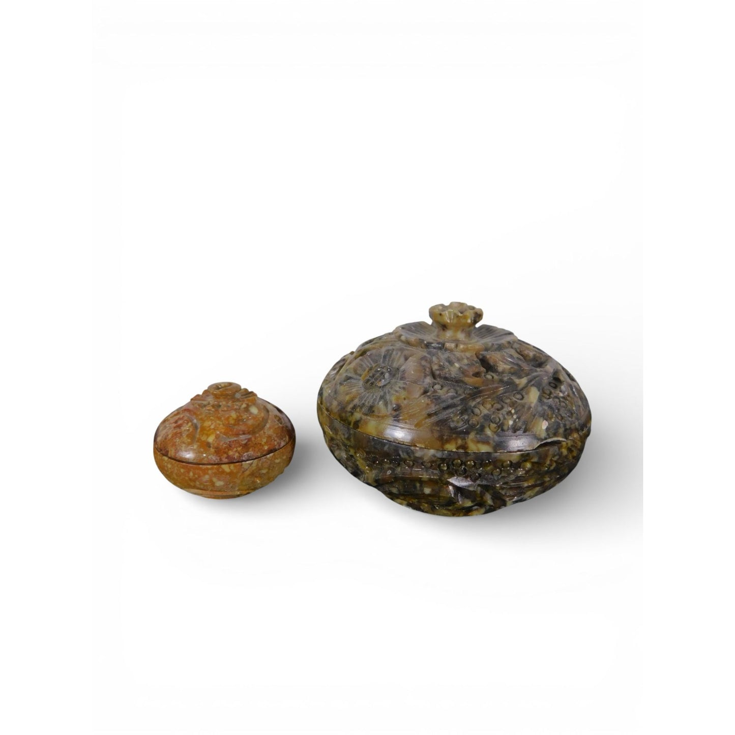 Chinese Soapstone Pill Box Carved Floral Lidded Vintage Stone