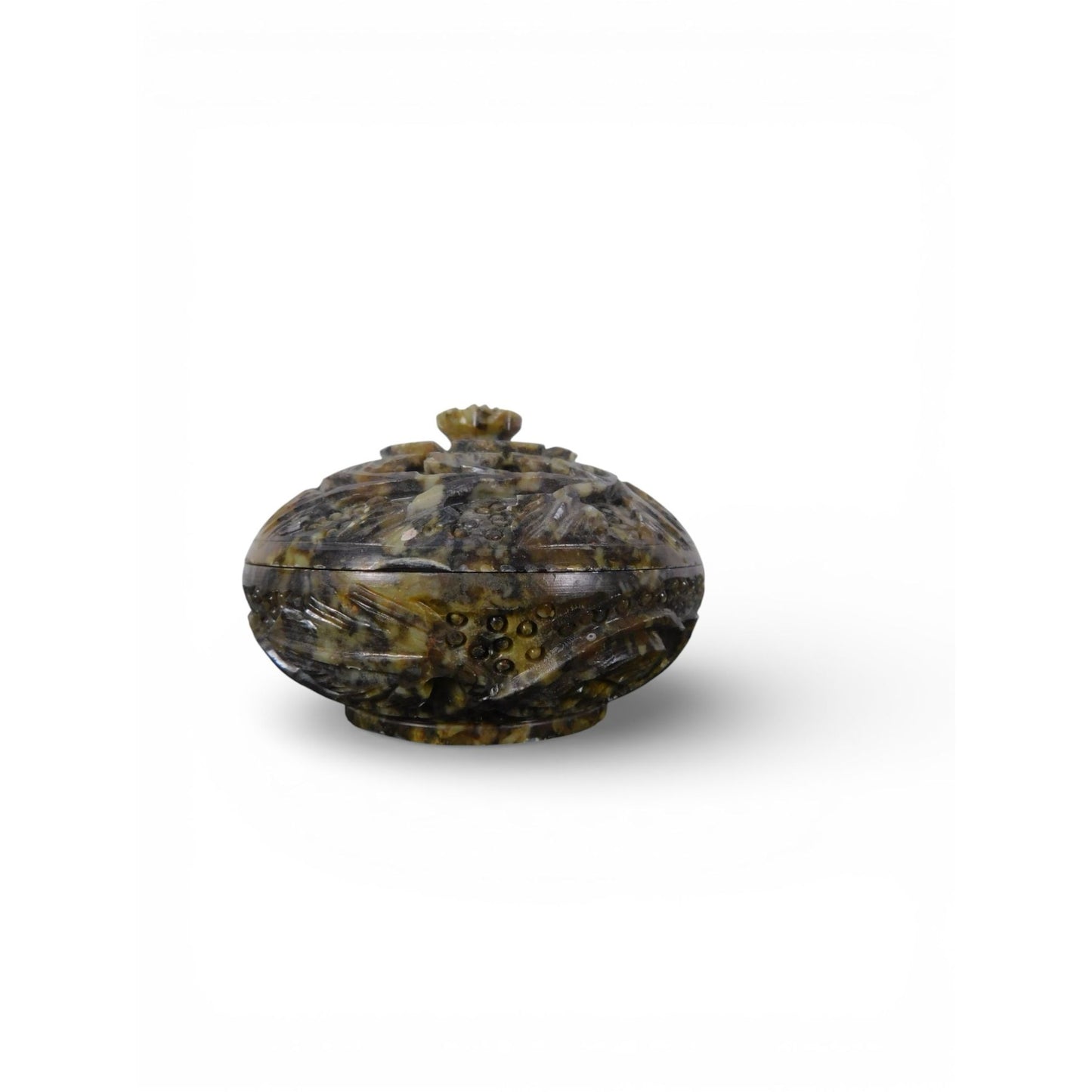Chinese Soapstone Pill Box Carved Floral Lidded Vintage Stone