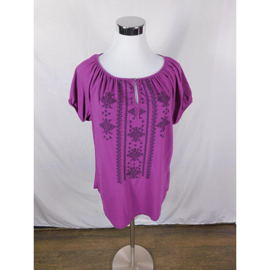 Chaps Purple Embroidered Peasant Top M - Boho Keyhole - Excellent