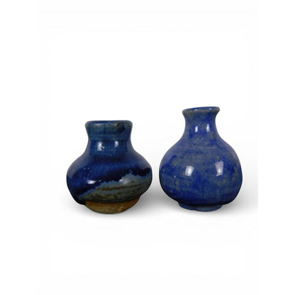 Vintage Studio Pottery Blue Glaze Mini Vases Signed Artisan Pair