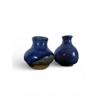 Vintage Studio Pottery Blue Glaze Mini Vases Signed Artisan Pair