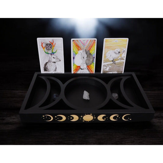 Mystical Moon Phase Tarot Card & Crystal Display Holder Handcrafted Wooden Altar Organizer
