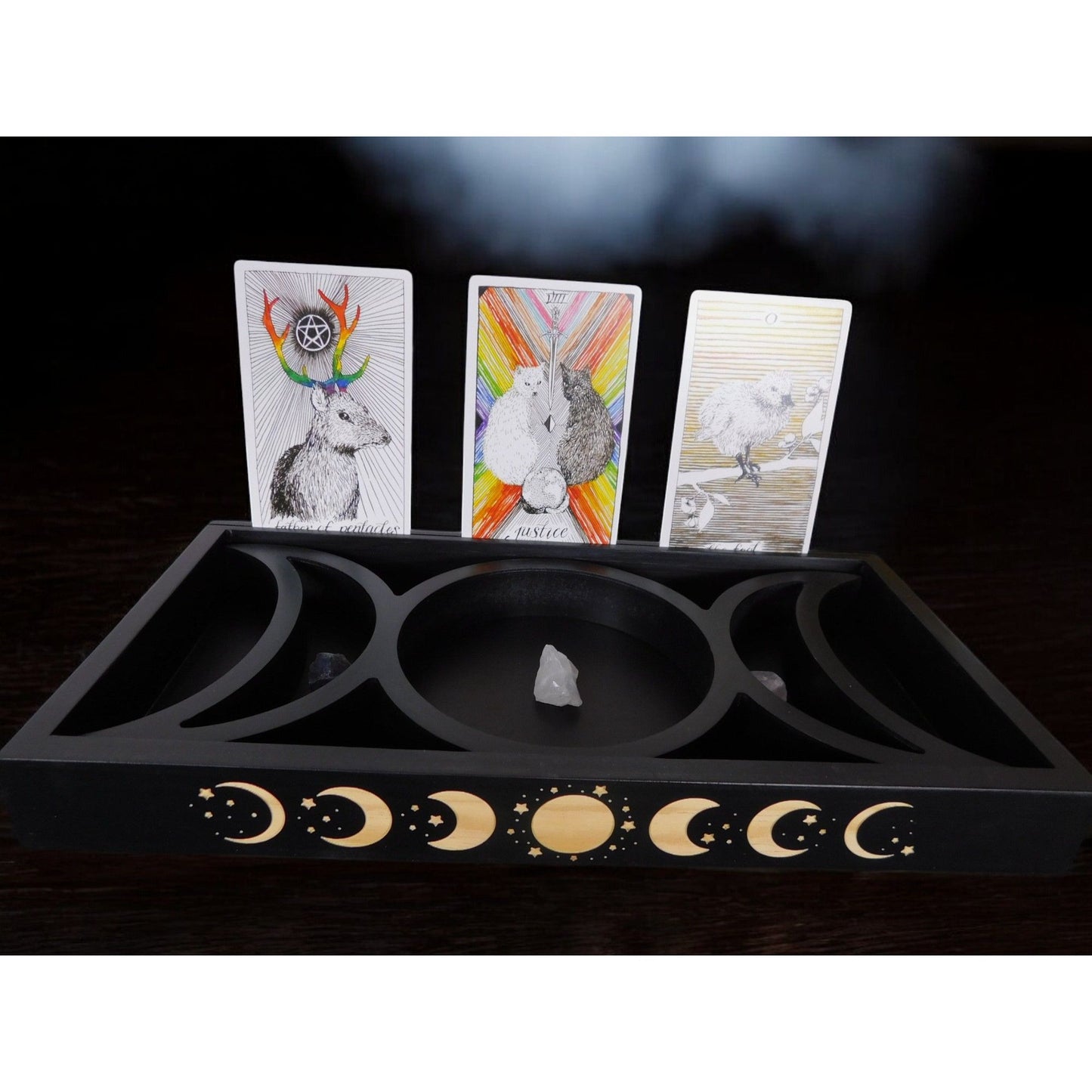Mystical Moon Phase Tarot Card & Crystal Display Holder Handcrafted Wooden Altar Organizer