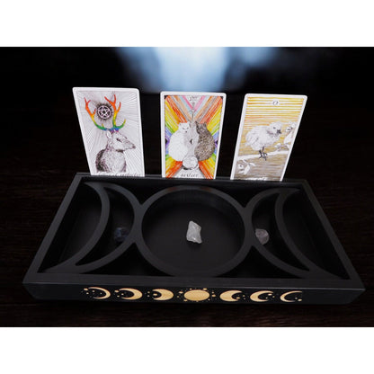 Mystical Moon Phase Tarot Card & Crystal Display Holder Handcrafted Wooden Altar Organizer