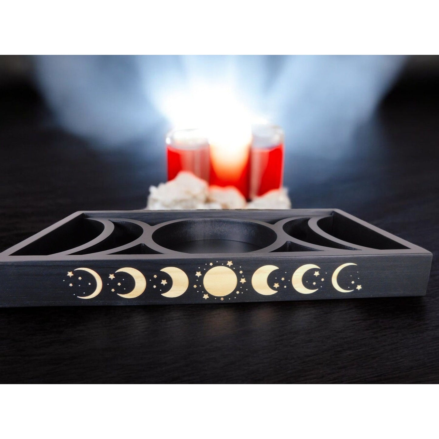 Mystical Moon Phase Tarot Card & Crystal Display Holder Handcrafted Wooden Altar Organizer