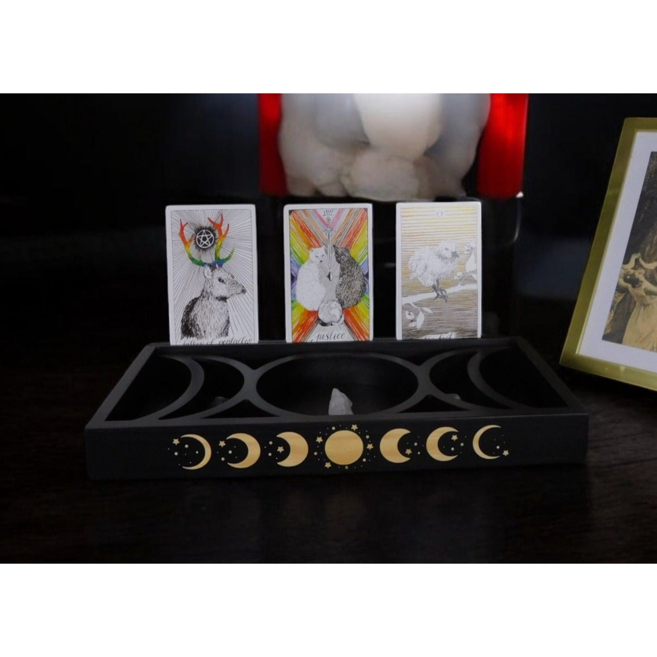 Mystical Moon Phase Tarot Card & Crystal Display Holder Handcrafted Wooden Altar Organizer