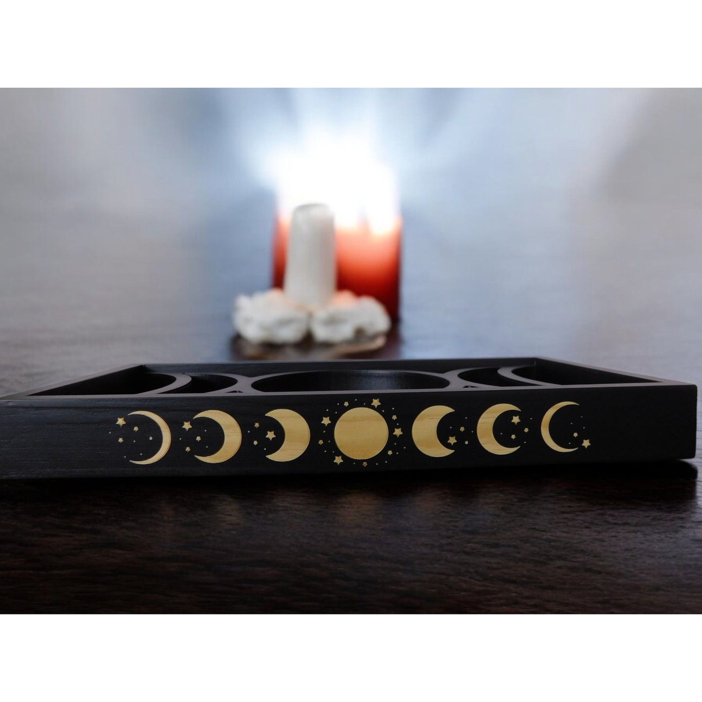 Mystical Moon Phase Tarot Card & Crystal Display Holder Handcrafted Wooden Altar Organizer