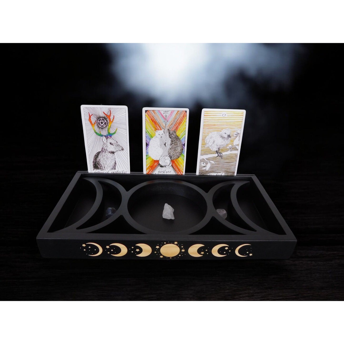 Mystical Moon Phase Tarot Card & Crystal Display Holder Handcrafted Wooden Altar Organizer