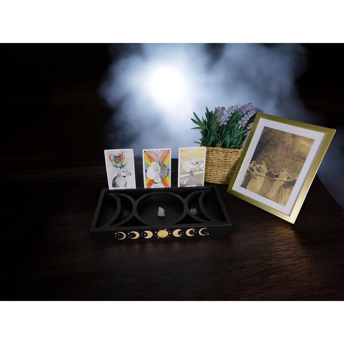 Mystical Moon Phase Tarot Card & Crystal Display Holder Handcrafted Wooden Altar Organizer