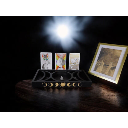 Mystical Moon Phase Tarot Card & Crystal Display Holder Handcrafted Wooden Altar Organizer