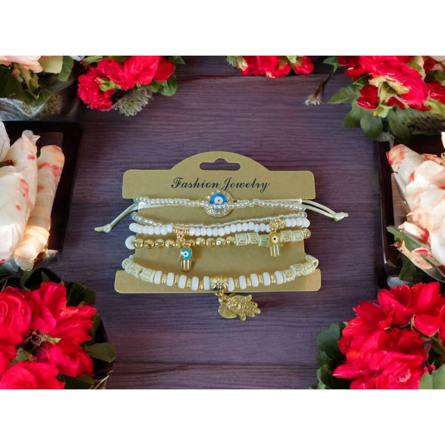 Boho Evil Eye Hamsa Beaded Bracelet Set - Adjustable - New - Witchcore Ethereal