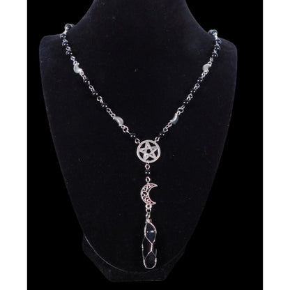 Silver Pentacle Necklace With Crescent Moon & Crystal Pendant Beaded Chain With Black & Silver Accents
