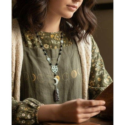 Silver Pentacle Necklace With Crescent Moon & Crystal Pendant Beaded Chain With Black & Silver Accents