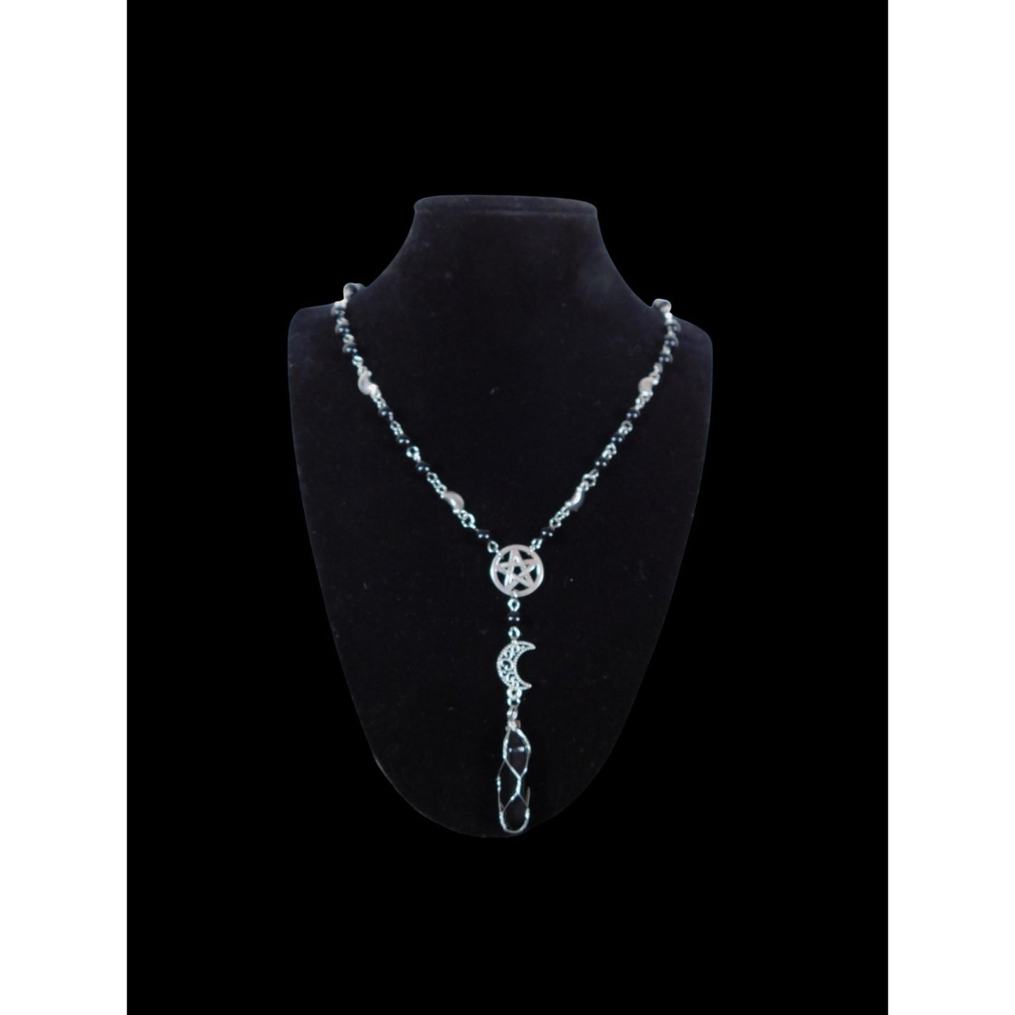 Silver Pentacle Necklace With Crescent Moon & Crystal Pendant Beaded Chain With Black & Silver Accents
