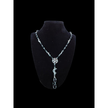 Silver Pentacle Necklace With Crescent Moon & Crystal Pendant Beaded Chain With Black & Silver Accents
