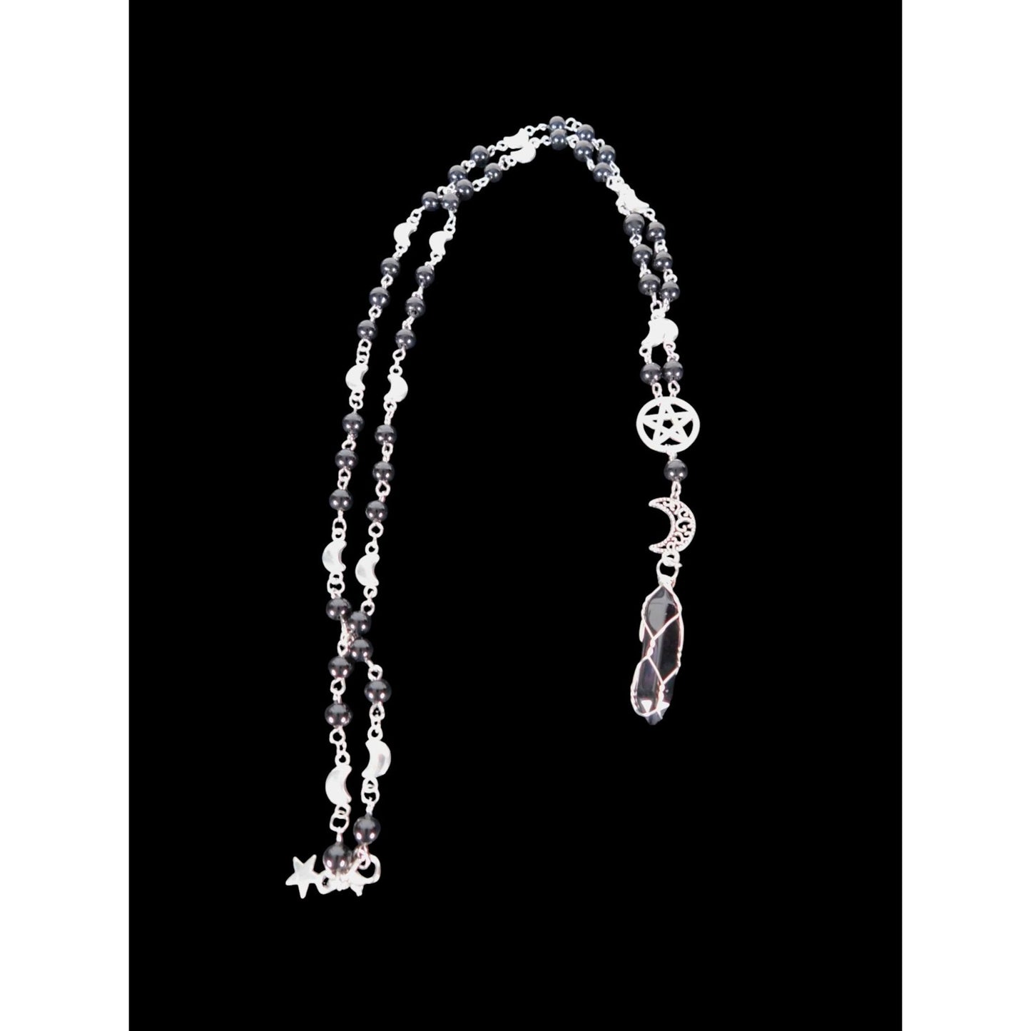 Silver Pentacle Necklace With Crescent Moon & Crystal Pendant Beaded Chain With Black & Silver Accents