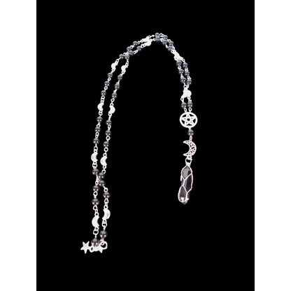 Silver Pentacle Necklace With Crescent Moon & Crystal Pendant Beaded Chain With Black & Silver Accents