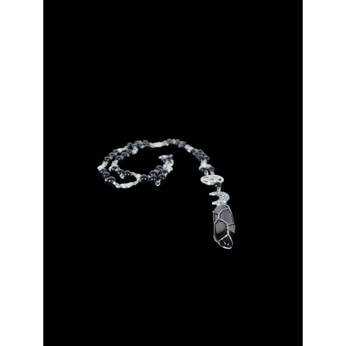 Silver Pentacle Necklace With Crescent Moon & Crystal Pendant Beaded Chain With Black & Silver Accents
