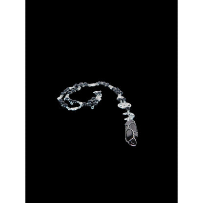 Silver Pentacle Necklace With Crescent Moon & Crystal Pendant Beaded Chain With Black & Silver Accents