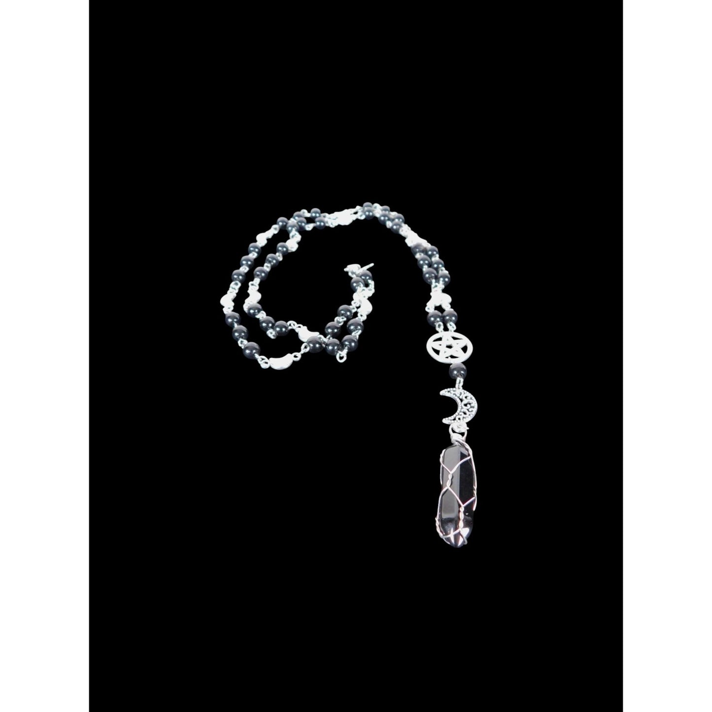Silver Pentacle Necklace With Crescent Moon & Crystal Pendant Beaded Chain With Black & Silver Accents