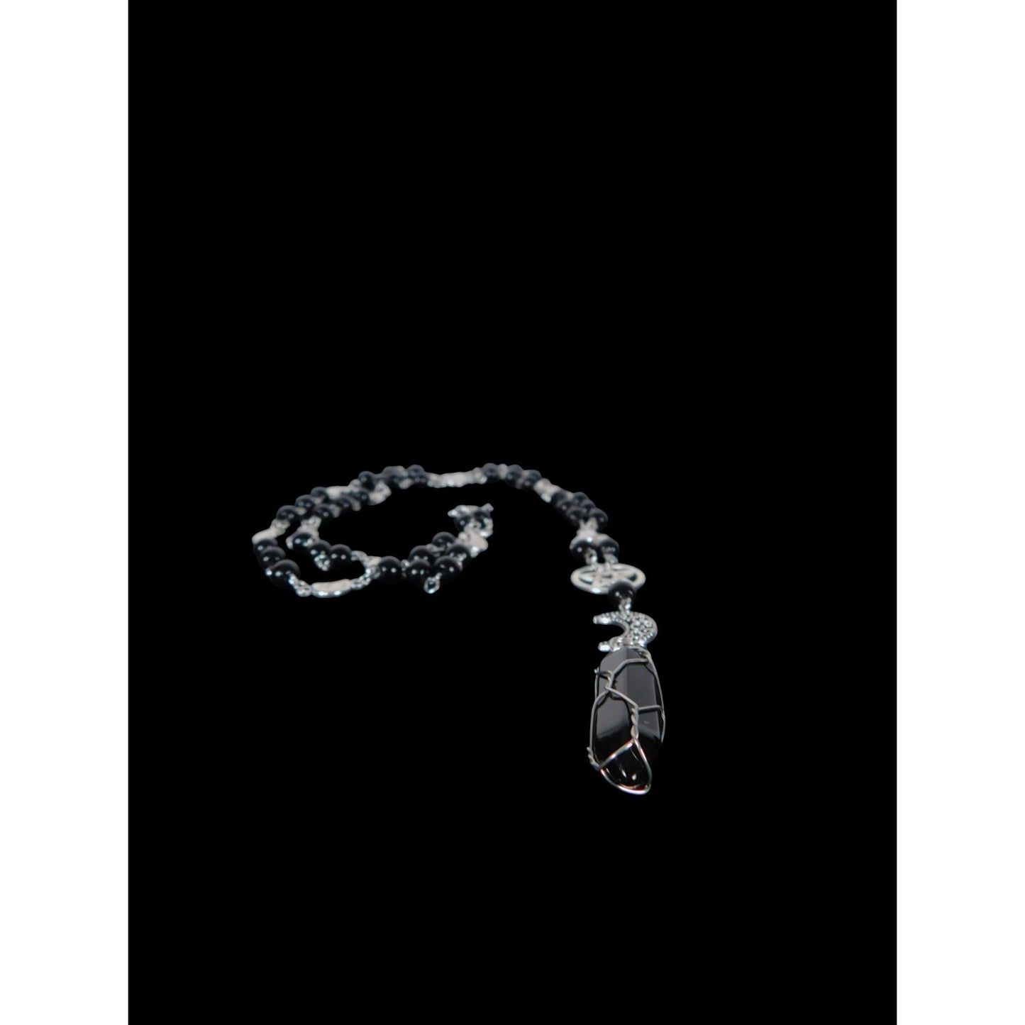 Silver Pentacle Necklace With Crescent Moon & Crystal Pendant Beaded Chain With Black & Silver Accents