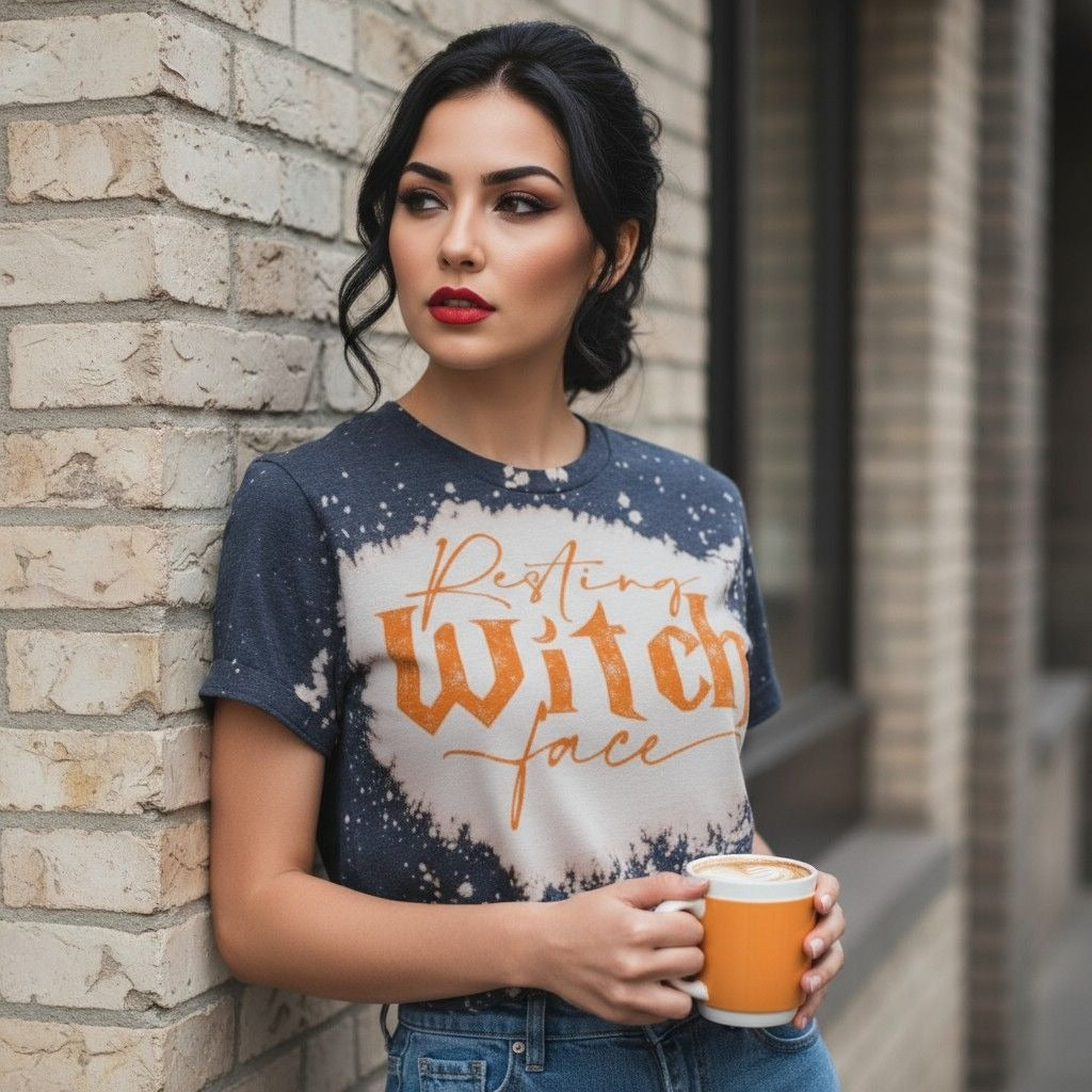 Resting Witch Face Tee – Bleach Dye Gildan Cotton – Size S – Excellent Condition