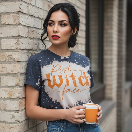 Resting Witch Face Tee – Bleach Dye Gildan Cotton – Size S – Excellent Condition