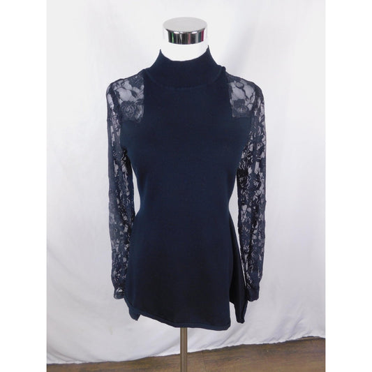 Questions Medium Black Floral Lace Sleeve Mock Neck Sweater