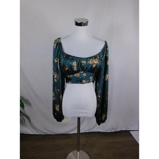 Altar'd State Blouse Womens Large Green Floral Tie Back Long Sleeve Delinca