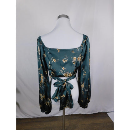 Altar'd State Blouse Womens Large Green Floral Tie Back Long Sleeve Delinca