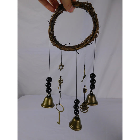 Handmade Grapevine Wreath Witches Bells For Protection With Brass Bells & Charms