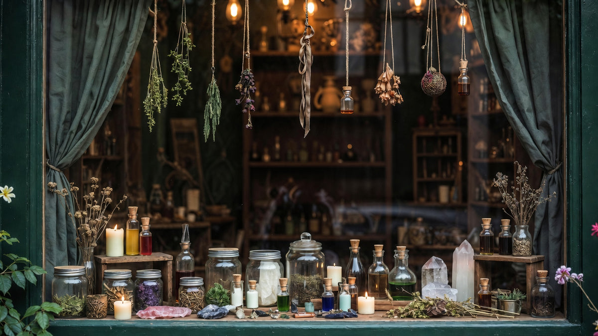 Store window display featuring glass jars of herbs liquids crystals and candles