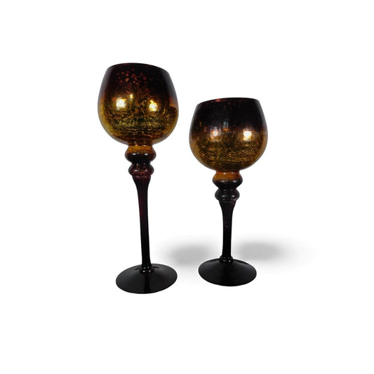 Pair Mercury Glass Goblet Candle Holders Gold Amber Red Pedestal Home Decor