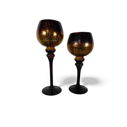 Pair Mercury Glass Goblet Candle Holders Gold Amber Red Pedestal Home Decor