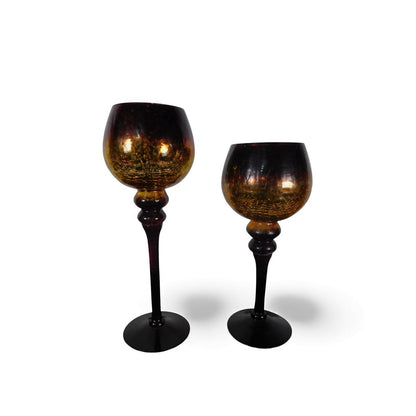 Pair Mercury Glass Goblet Candle Holders Gold Amber Red Pedestal Home Decor